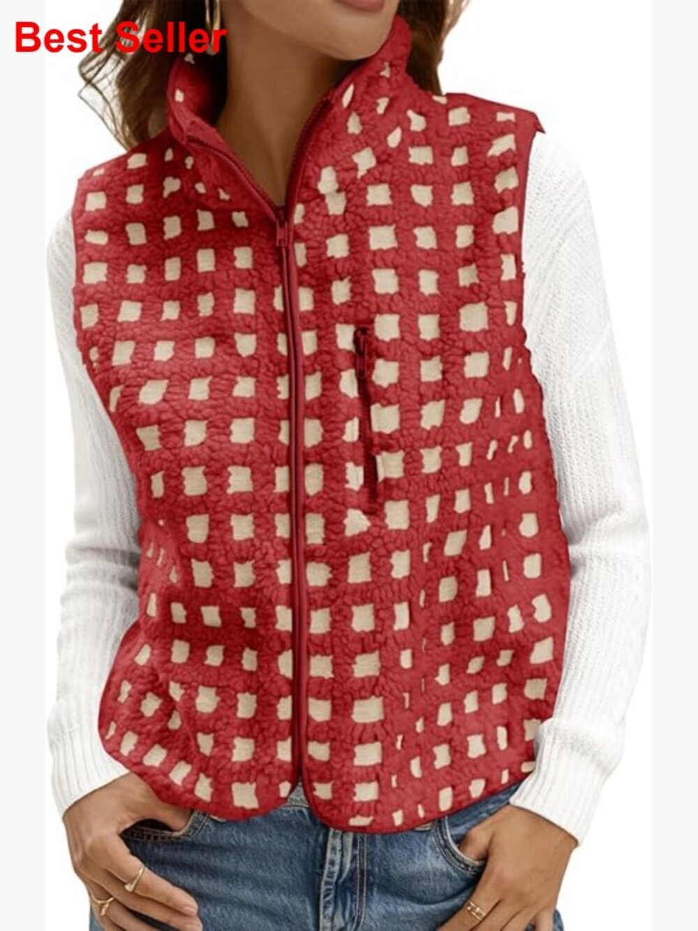 Checkered Sherpa Vest Fleece Fuzzy Zip Up Sleeveless Jacket Winter Warm